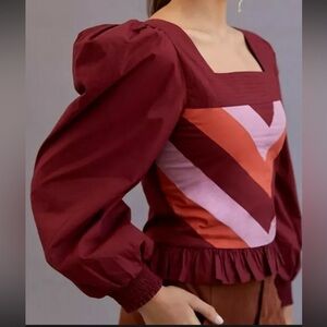 NWT LOVE THE LABEL ANTHRPOLOGIE Chevron Red Pink Smocked Puff Sleeve Blouse Sm